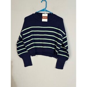 YKR Navy Mint Stripe Cropped Knit Sweater Mock Neck Long Sleeve Women's Size S